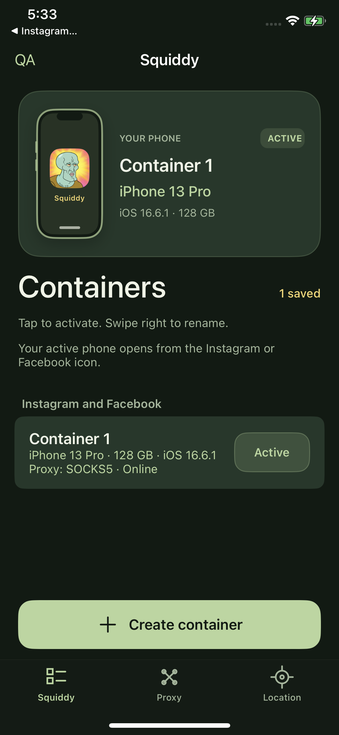 Squiddy app Containers screen on iPhone X, showing the active iPhone 13 Pro container and Create container button